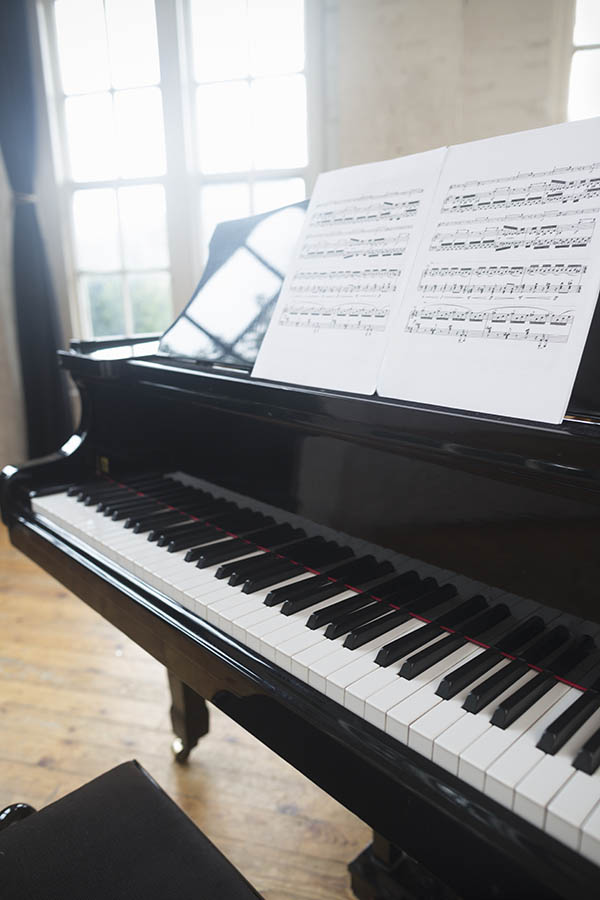 Piano players and studio,UK,Sheet music on a Grand Piano in a rehearsal studio.